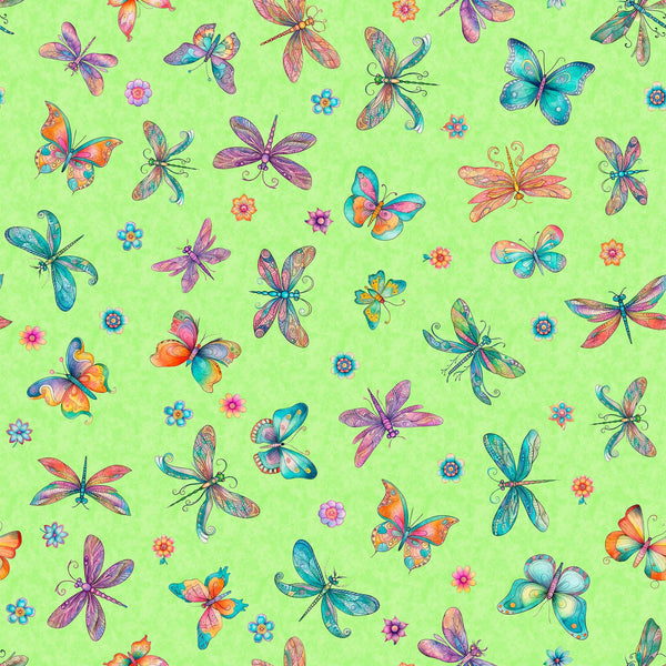 Image of the Spring Bling Butterflies Lime quilting cotton fabric. Features butterflies on a lime background. Cute Little Fabric Shop