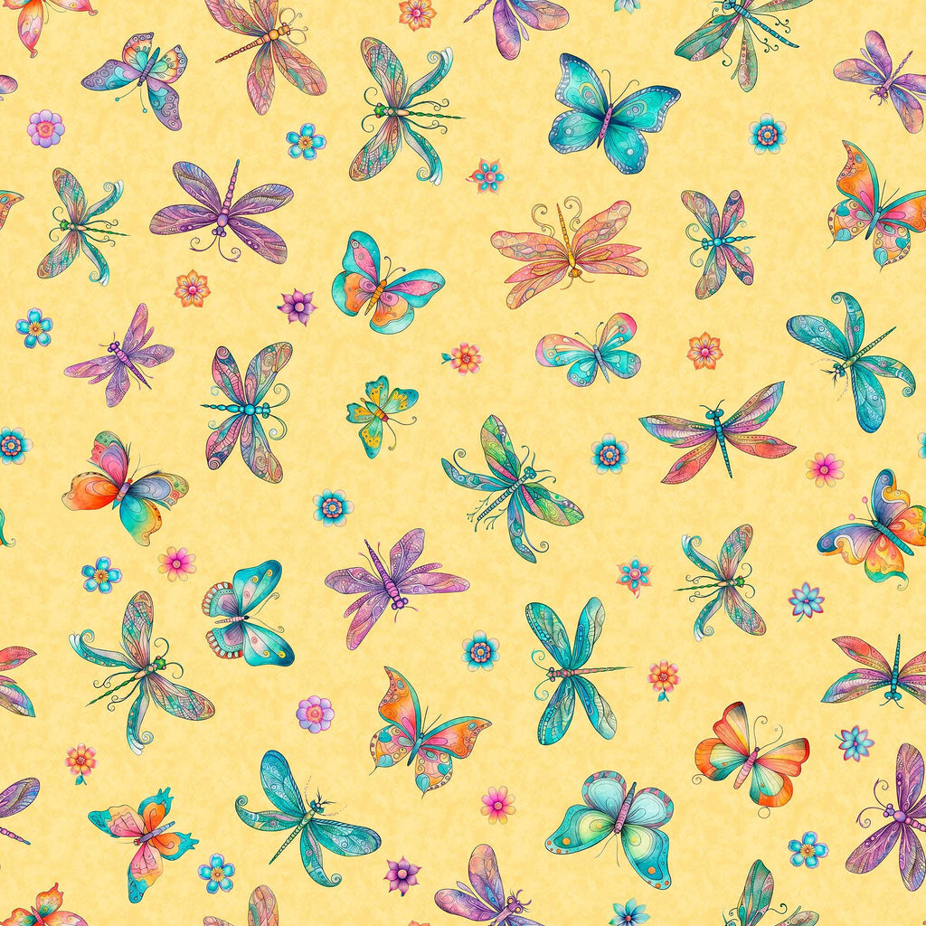Image of the Spring Bling Butterflies Banana quilting cotton fabric. Features butterflies on a yellow background. Cute Little Fabric Shop
