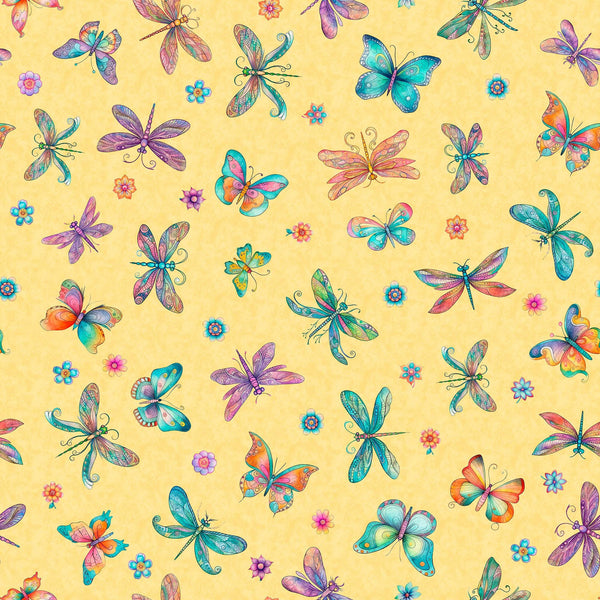 Image of the Spring Bling Butterflies Banana quilting cotton fabric. Features butterflies on a yellow background. Cute Little Fabric Shop