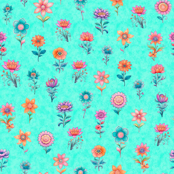 Image of the Spring Bling Stemmed Flowers Aqua quilting cotton fabric. Features mushrooms on a blue background. Cute Little Fabric Shop
