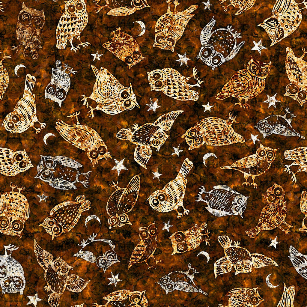Image of the Wild Woods Owls Brown quilting cotton fabric by Morris Creative Group for QT Fabrics. Features owls on a brown background. Cute Little Fabric Shop