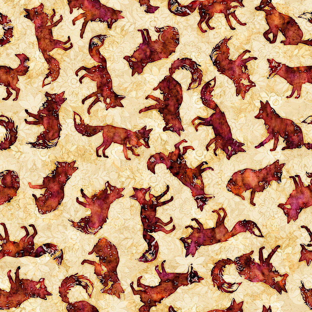 Image of the Wild Woods Foxes Corn quilting cotton fabric by Morris Creative Group for QT Fabrics. Features foxes on a tan background. Cute Little Fabric Shop