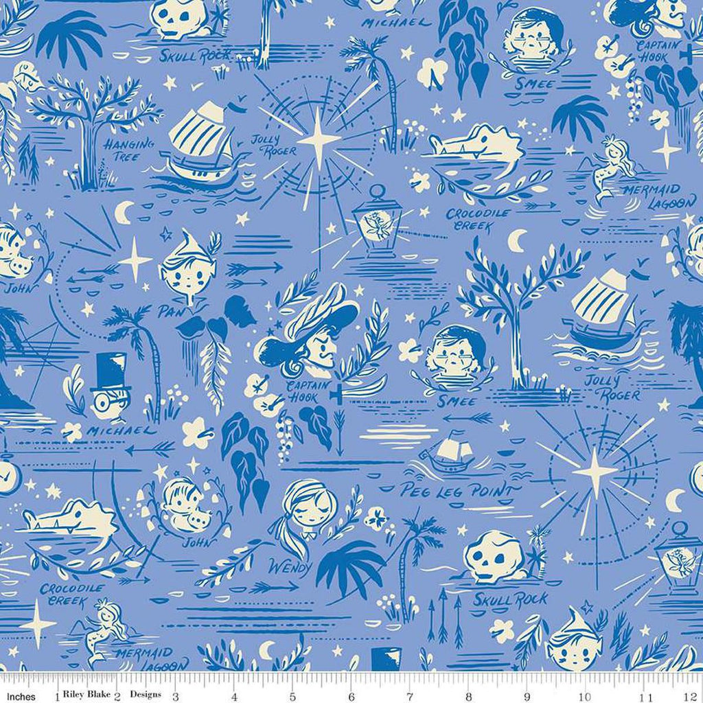Image of the Forever Neverland Neverland Map Periwinkle quilting cotton fabric by Jill Howarth for Riley Blake Designs. Features characters on a purple background. Cute Little Fabric Shop