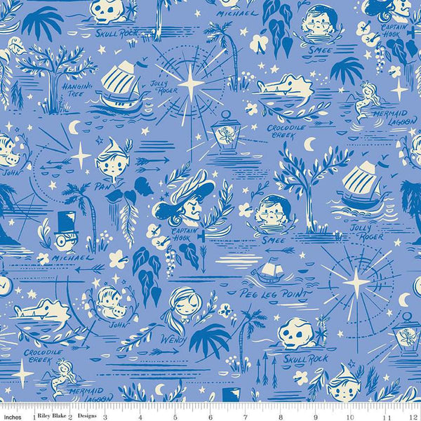 Image of the Forever Neverland Neverland Map Periwinkle quilting cotton fabric by Jill Howarth for Riley Blake Designs. Features characters on a purple background. Cute Little Fabric Shop
