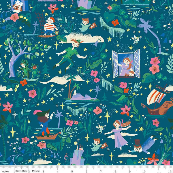 Image of the Forever Neverland Main Night quilting cotton fabric by Jill Howarth for Riley Blake Designs. Features characters on a blue background. Cute Little Fabric Shop