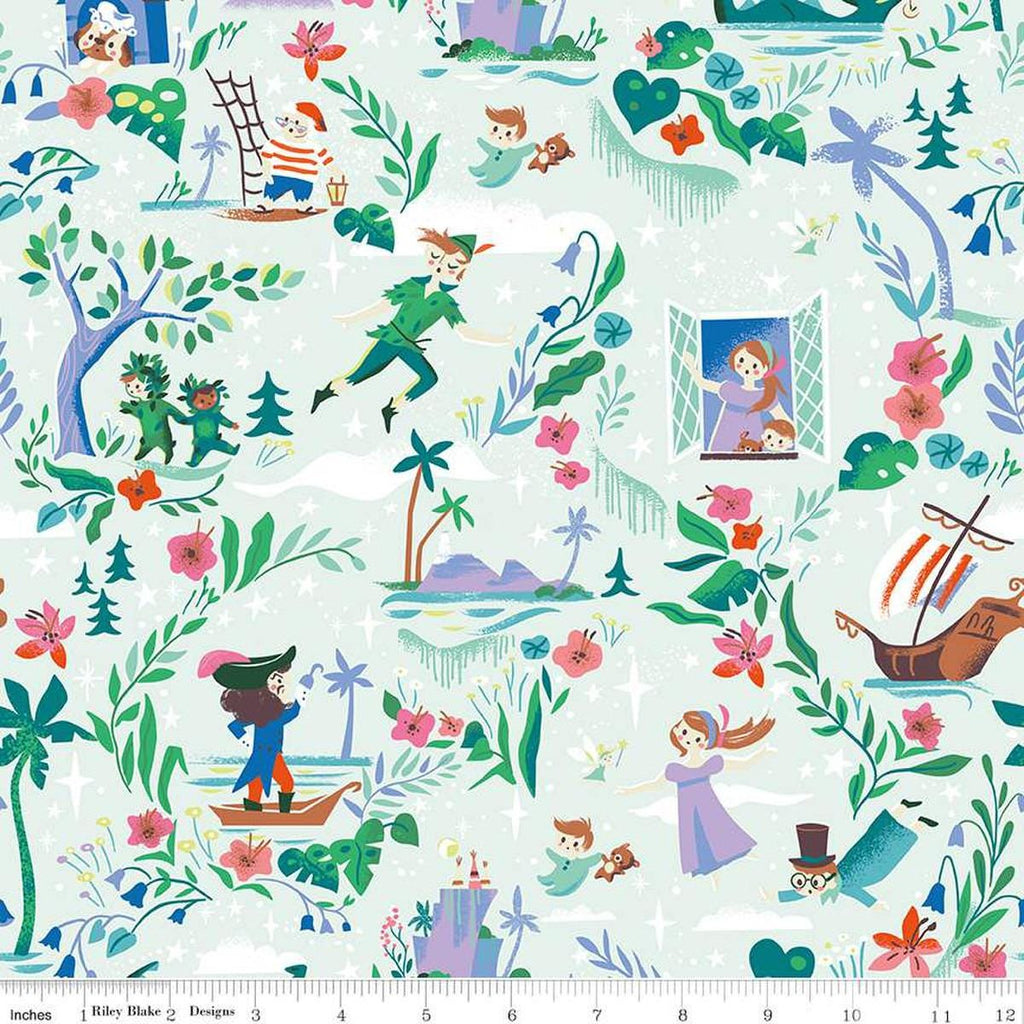 Image of the Forever Neverland Main Mist quilting cotton fabric by Jill Howarth for Riley Blake Designs. Features characters on a green background. Cute Little Fabric Shop