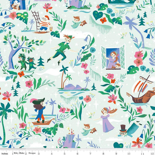 Image of the Forever Neverland Main Mist quilting cotton fabric by Jill Howarth for Riley Blake Designs. Features characters on a green background. Cute Little Fabric Shop