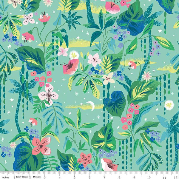 Image of the Forever Neverland Tropical Floral Songbird quilting cotton fabric by Jill Howarth for Riley Blake Designs. Features flowers on a green background. Cute Little Fabric Shop