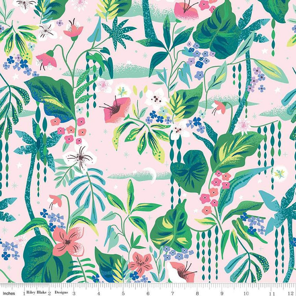 Image of the Forever Neverland Tropical Floral Pink quilting cotton fabric by Jill Howarth for Riley Blake Designs. Features flowers on a pink background. Cute Little Fabric Shop