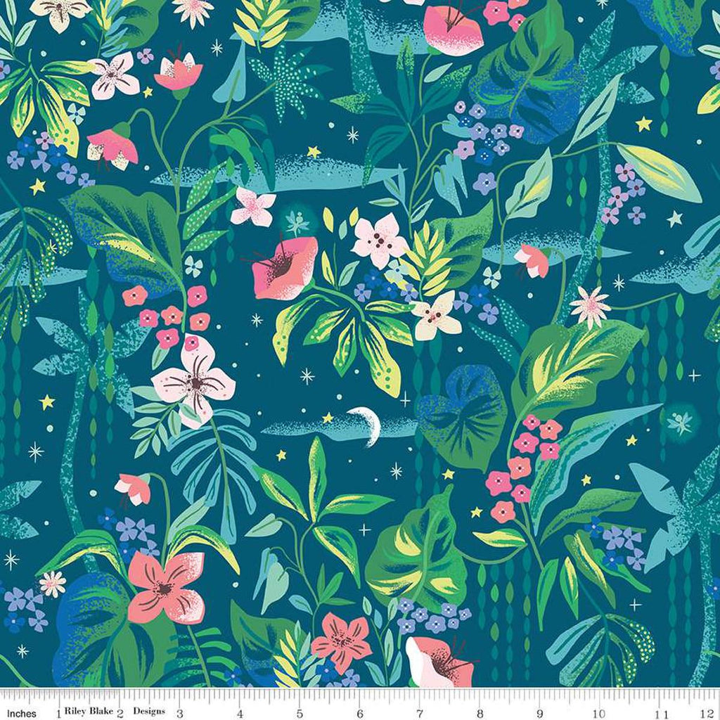 Image of the Forever Neverland Tropical Floral Night quilting cotton fabric by Jill Howarth for Riley Blake Designs. Features flowers on a blue background. Cute Little Fabric Shop
