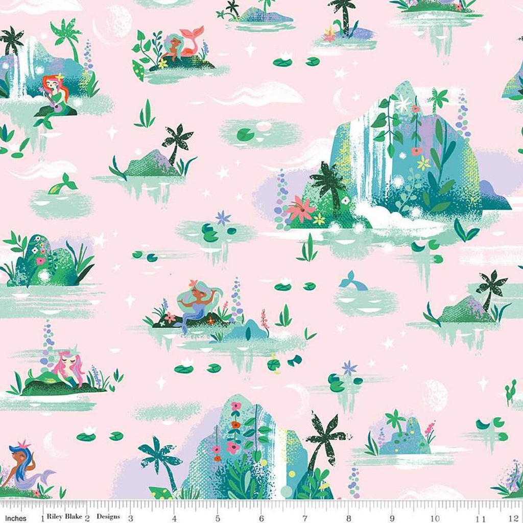 Image of the Forever Neverland Mermaid Lagoon Pink quilting cotton fabric by Jill Howarth for Riley Blake Designs. Features islands  on a pink background. Cute Little Fabric Shop