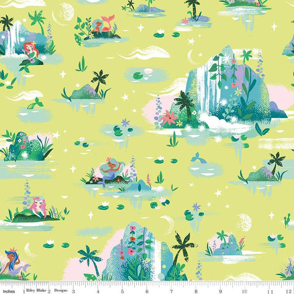 Image of the Forever Neverland Mermaid Lagoon Lemongrass quilting cotton fabric by Jill Howarth for Riley Blake Designs. Features islands on a yellow background. Cute Little Fabric Shop