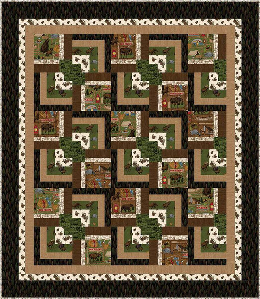 Image of the Cabin in the Pines quilt pattern by Pine Tree Country Quilts for Riley Blake Designs. Features a striped brown quilt. Cute Little Fabric Shop
