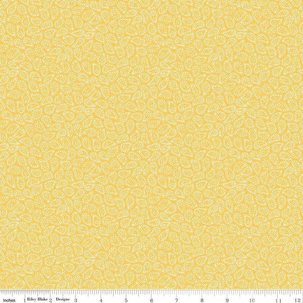 Image of the Vibrance Paisley Sherbet quilting cotton fabric by Leslie Ryan for Riley Blake Designs. Features flowers on a yellow background. Cute Little Fabric Shop