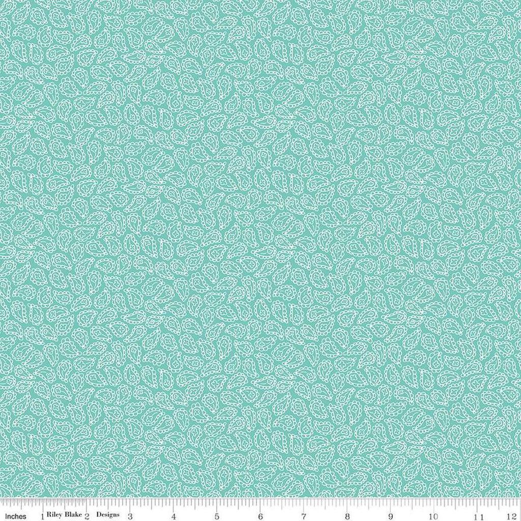 Image of the Vibrance Paisley Aqua quilting cotton fabric by Leslie Ryan for Riley Blake Designs. Features flowers on a blue background. Cute Little Fabric Shop