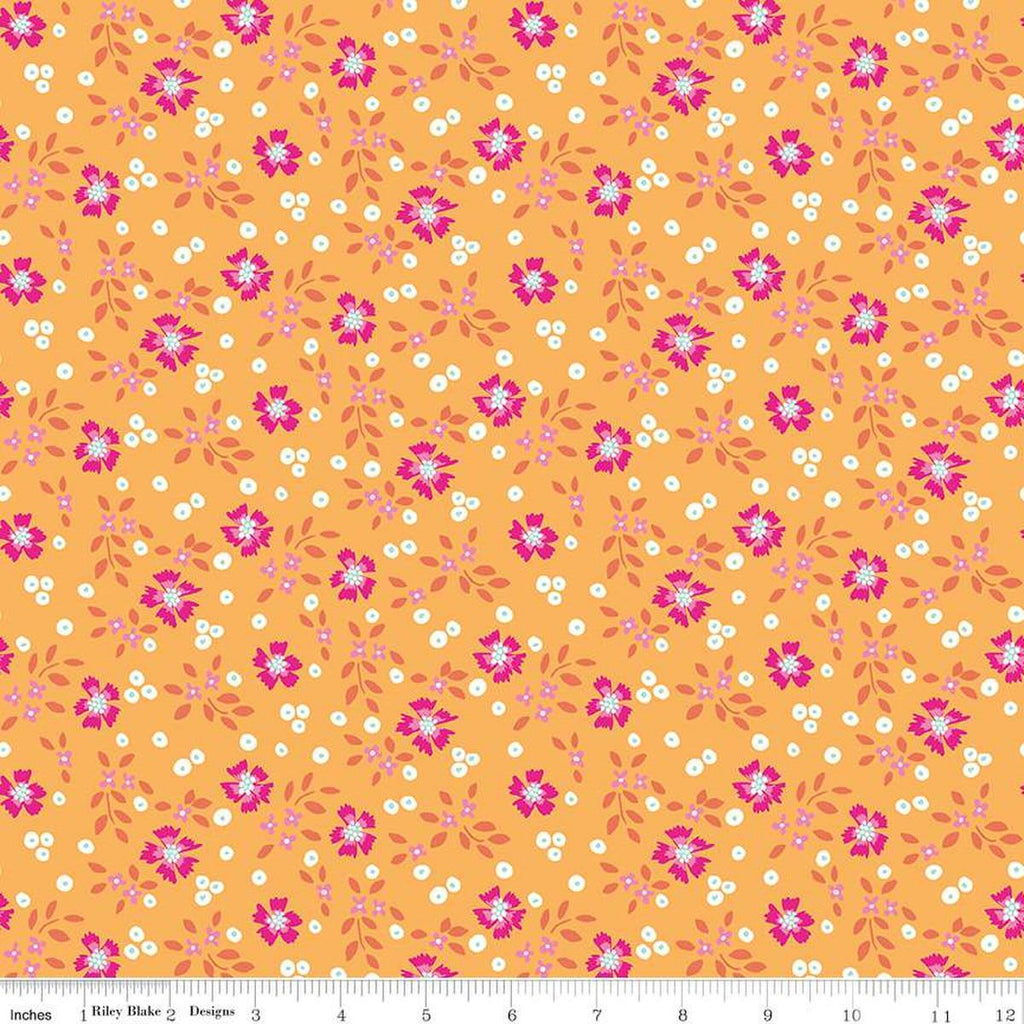 Image of the Vibrance Abloom Marmalade quilting cotton fabric by Leslie Ryan for Riley Blake Designs. Features flowers on an orange background. Cute Little Fabric Shop