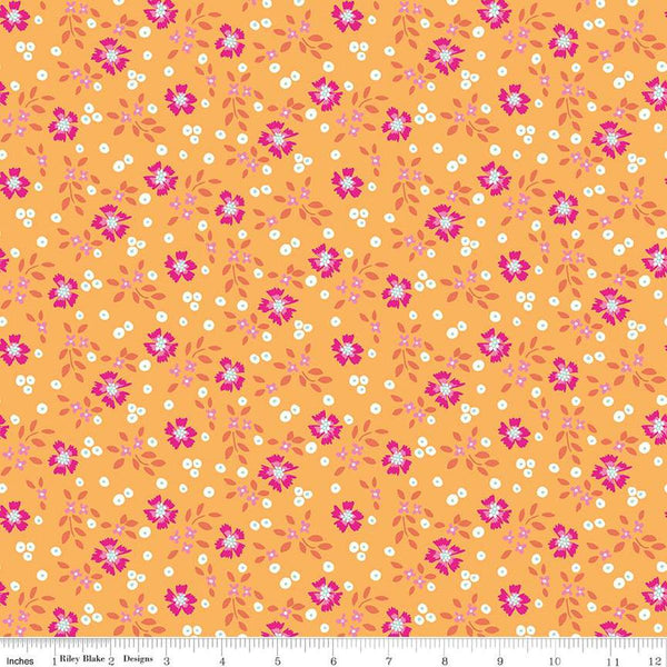 Image of the Vibrance Abloom Marmalade quilting cotton fabric by Leslie Ryan for Riley Blake Designs. Features flowers on an orange background. Cute Little Fabric Shop