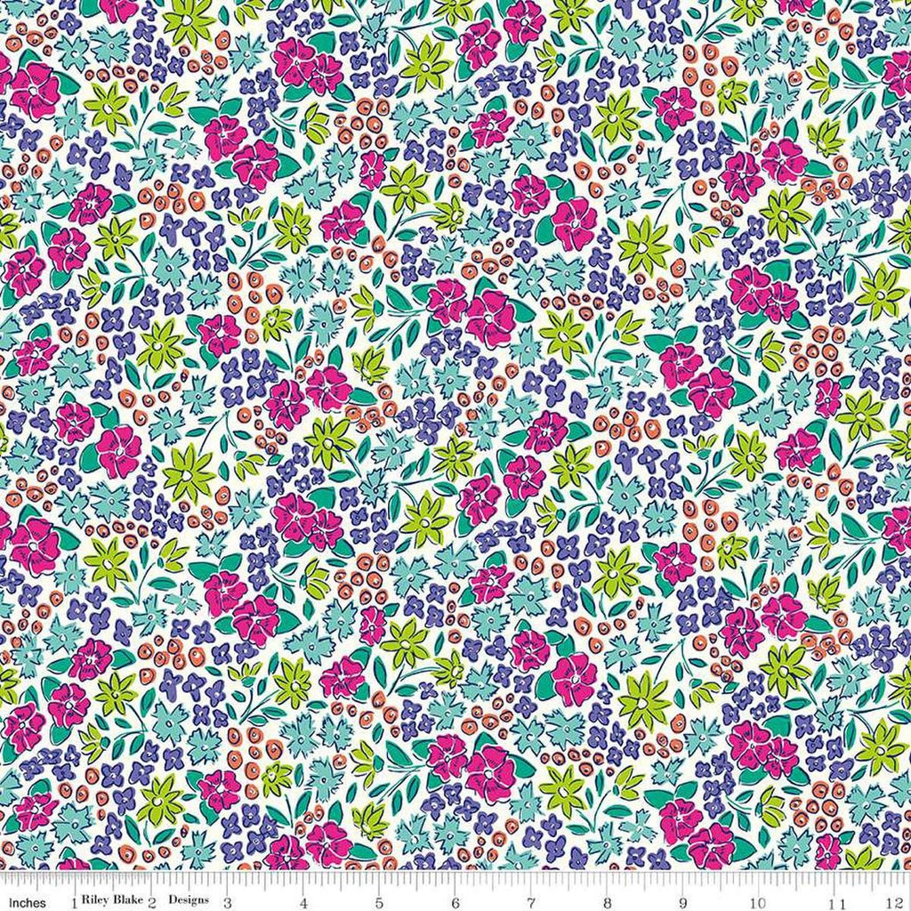 Image of the Vibrance Main Cloud quilting cotton fabric by Leslie Ryan for Riley Blake Designs. Features flowers on a white background. Cute Little Fabric Shop
