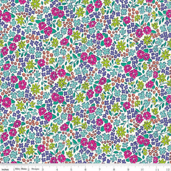Image of the Vibrance Main Cloud quilting cotton fabric by Leslie Ryan for Riley Blake Designs. Features flowers on a white background. Cute Little Fabric Shop