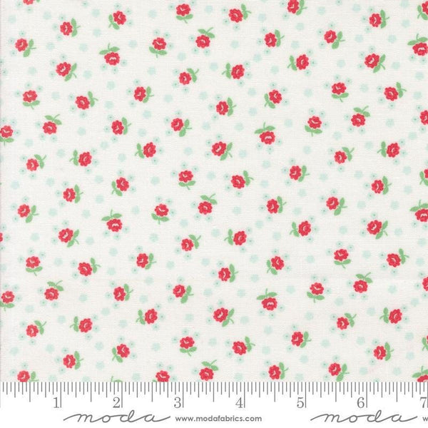 Image of the Summertime Fairground Cream quilting cotton fabric by Moda Fabrics. Features flowers on a cream background. Cute Little Fabric Shop