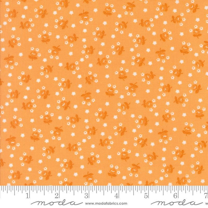 Image of the Summertime Fairground Orange quilting cotton fabric by Moda Fabrics. Features flowers on an orange background. Cute Little Fabric Shop