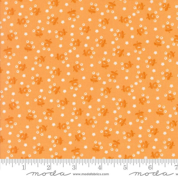 Image of the Summertime Fairground Orange quilting cotton fabric by Moda Fabrics. Features flowers on an orange background. Cute Little Fabric Shop