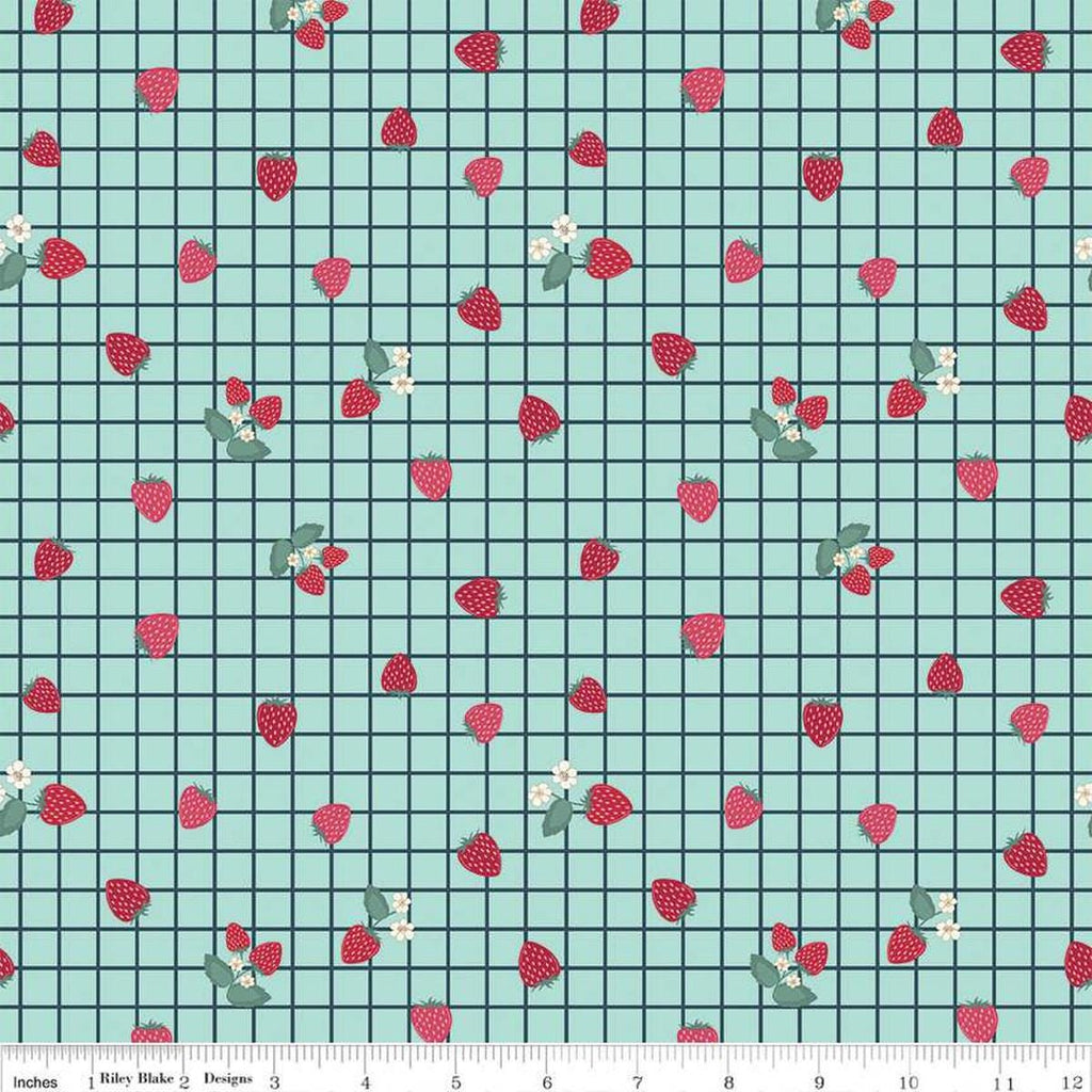 Image of the Berry Market Gingham Berries Songbird quilting cotton fabric by Beverly McCullough for Riley Blake Designs. Features flowers on a blue background. Cute Little Fabric Shop