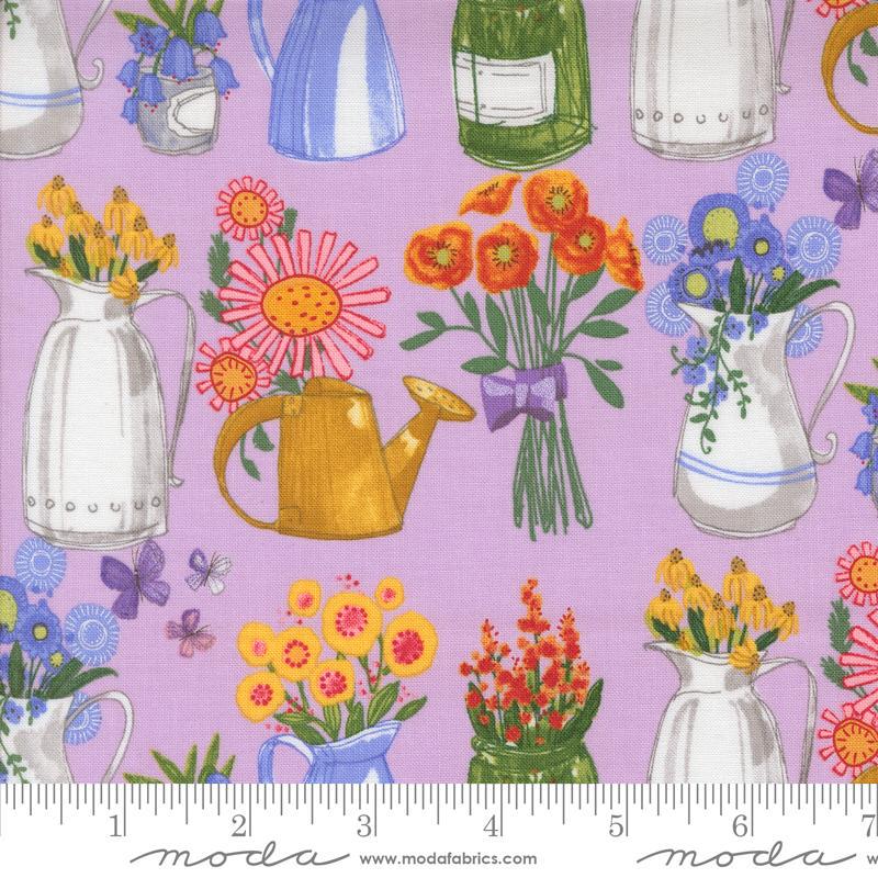 Superbloom Jars Freesia quilting cotton fabrics by Robin Pickens for Moda Fabrics. Features jars on a pink background. Cute Little Fabric Shop