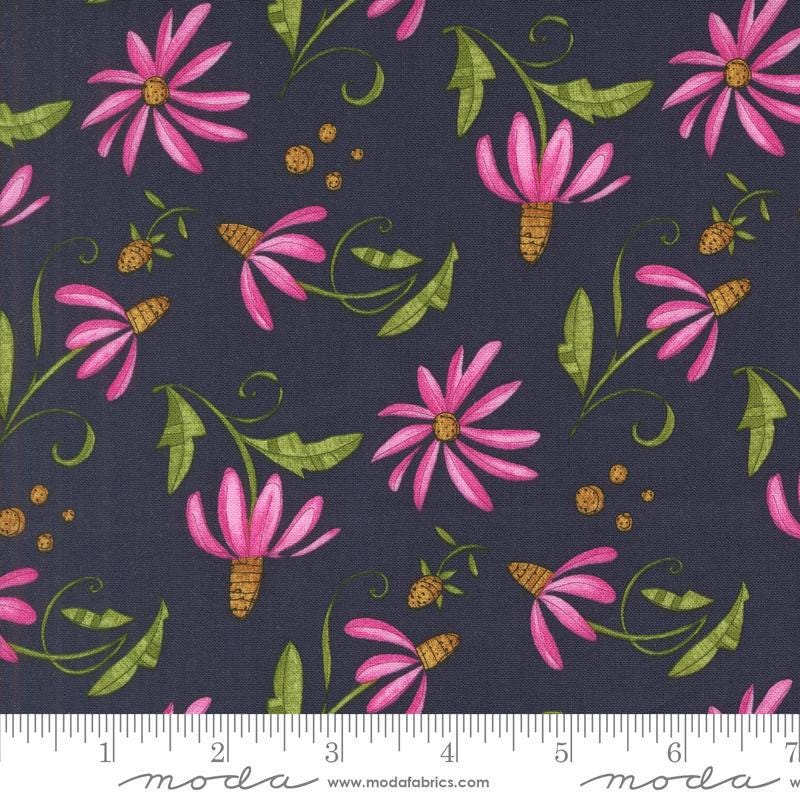 Superbloom Daisyish Indigo quilting cotton fabrics by Robin Pickens for Moda Fabrics. Features flowers on a blue background. Cute Little Fabric Shop