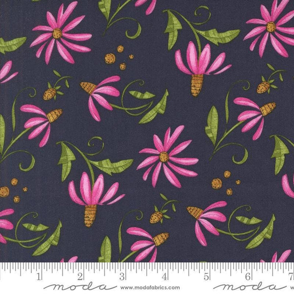 Superbloom Daisyish Indigo quilting cotton fabrics by Robin Pickens for Moda Fabrics. Features flowers on a blue background. Cute Little Fabric Shop