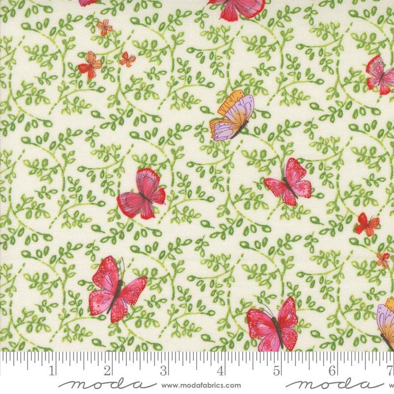 Superbloom Butterfly Cream quilting cotton fabrics by Robin Pickens for Moda Fabrics. Features flowers on an green background. Cute Little Fabric Shop