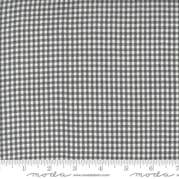 Image of the Woven Ginghams Indigo Pearl quilting cotton fabric by French General for Moda Fabrics. Features printed gingham on a blue gray background. 
Cute Little Fabric Shop