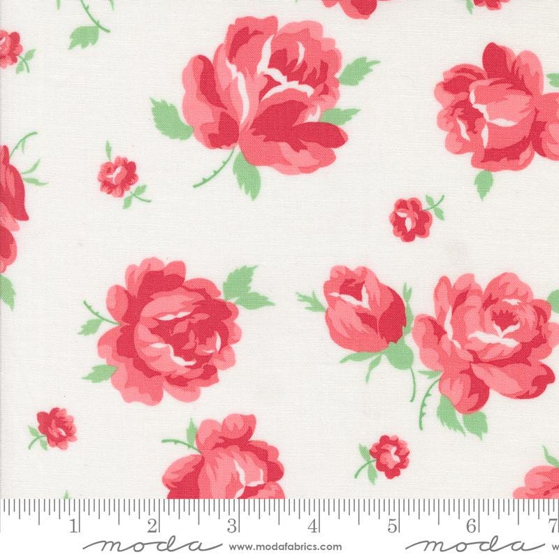 Image of the Summertime Rosie Cream quilting cotton fabric by Moda Fabrics. Features flowers on a cream background. Cute Little Fabric Shop
