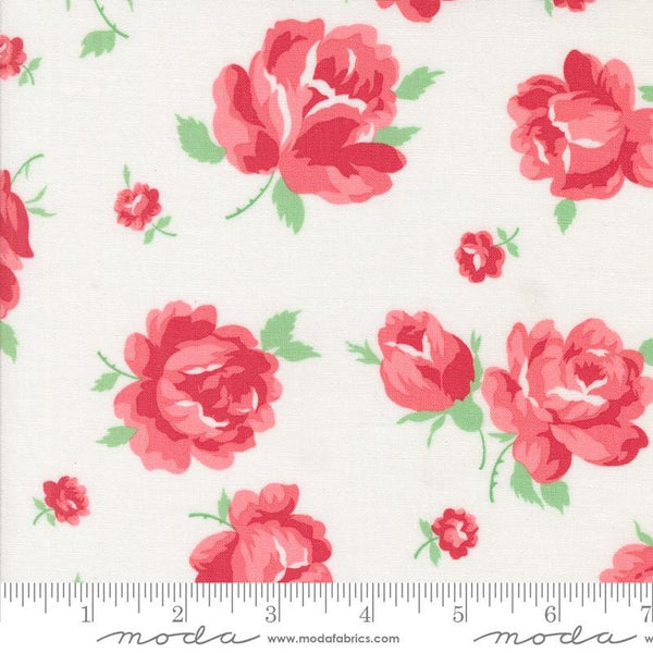 Image of the Summertime Rosie Cream quilting cotton fabric by Moda Fabrics. Features flowers on a cream background. Cute Little Fabric Shop