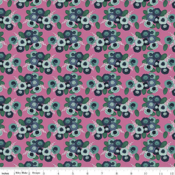 Image of the Morning Meadow Roses Orchid quilting cotton fabric. Features flowers on a pink background. Cute Little Fabric Shop