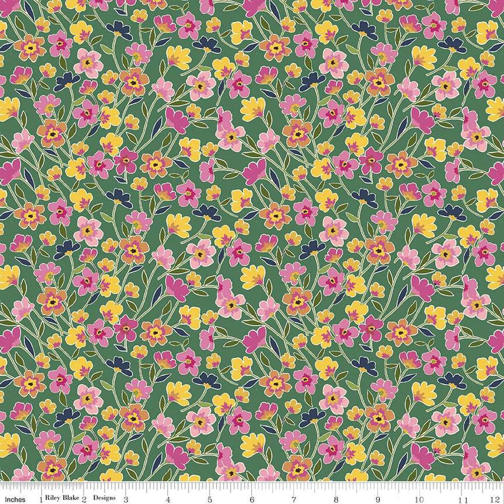 Image of the Morning Meadow Flower Field Green quilting cotton fabric. Features flowers on a green background. Cute Little Fabric Shop