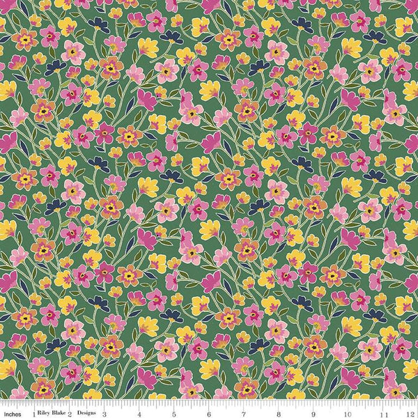 Image of the Morning Meadow Flower Field Green quilting cotton fabric. Features flowers on a green background. Cute Little Fabric Shop
