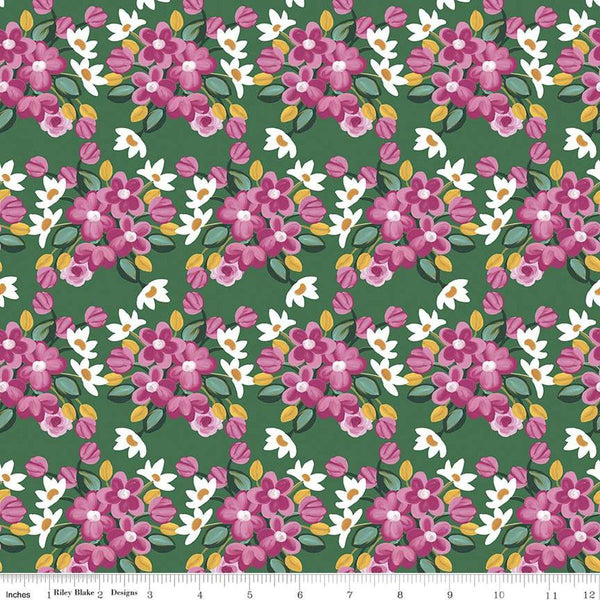 Image of the Morning Meadow Flower Bunches Green quilting cotton fabric. Features flowers on a green background. Cute Little Fabric Shop