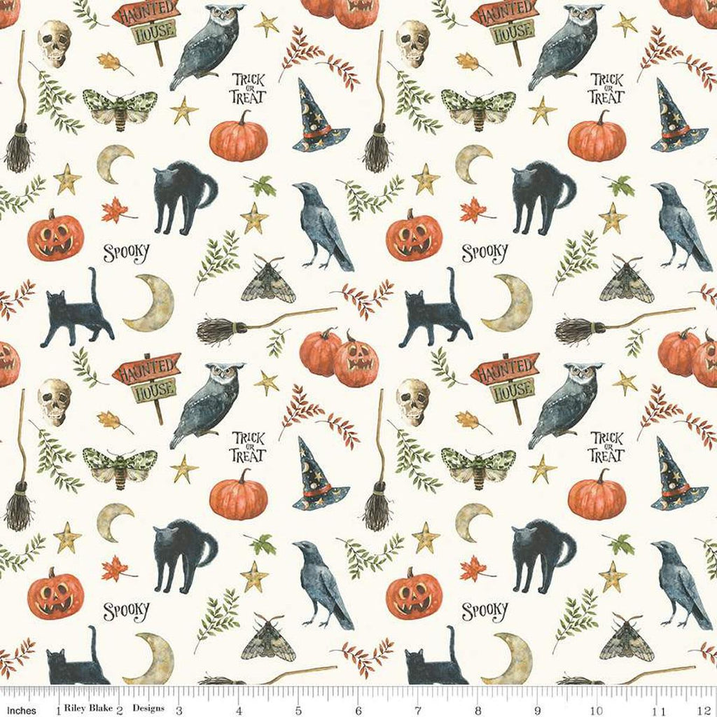 Image of the Trick or Treat Spooky Cream quilting cotton fabric by Lisa Audit for Riley Blake Designs. Features halloween icons on a cream background. Cute Little Fabric Shop