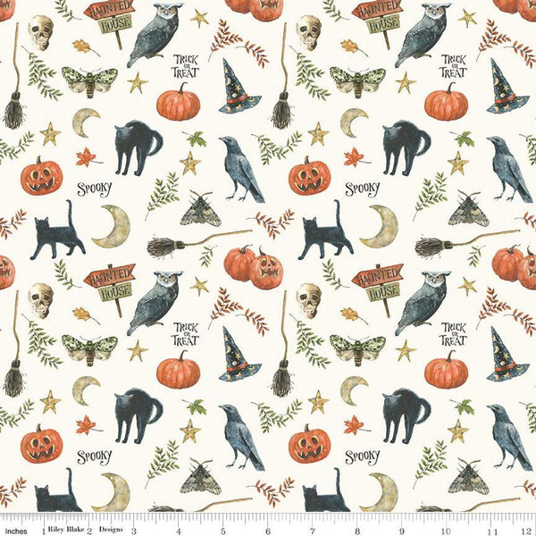 Image of the Trick or Treat Spooky Cream quilting cotton fabric by Lisa Audit for Riley Blake Designs. Features halloween icons on a cream background. Cute Little Fabric Shop