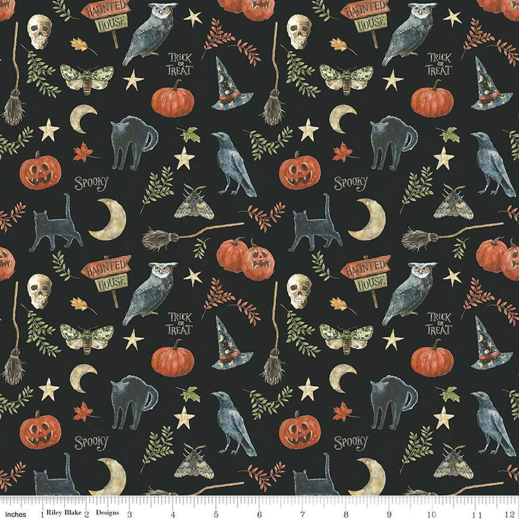 Image of the Trick or Treat Spooky Black quilting cotton fabric by Lisa Audit for Riley Blake Designs. Features halloween icons on a black background. Cute Little Fabric Shop