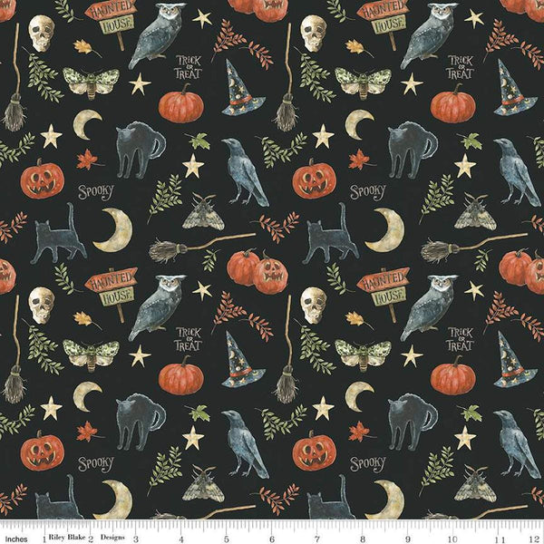 Image of the Trick or Treat Spooky Black quilting cotton fabric by Lisa Audit for Riley Blake Designs. Features halloween icons on a black background. Cute Little Fabric Shop