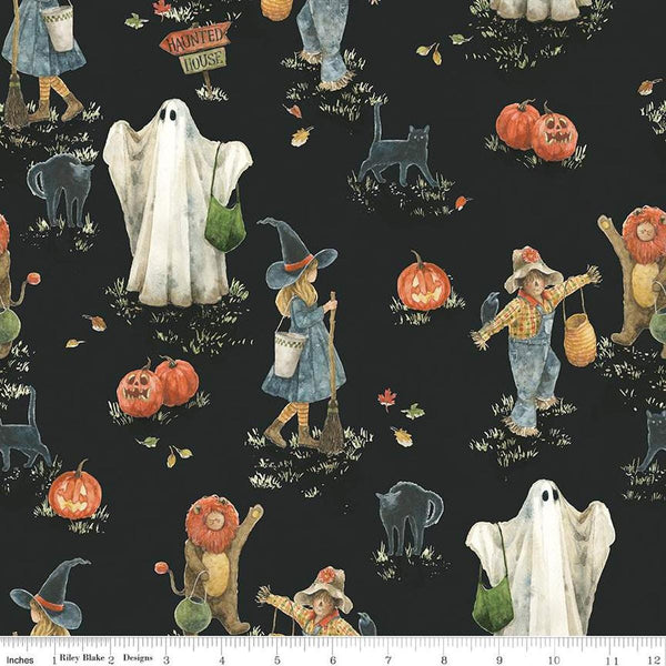 Image of the Trick or Treat Main Black quilting cotton fabric by Lisa Audit for Riley Blake Designs. Features halloween icons on a black background. Cute Little Fabric Shop