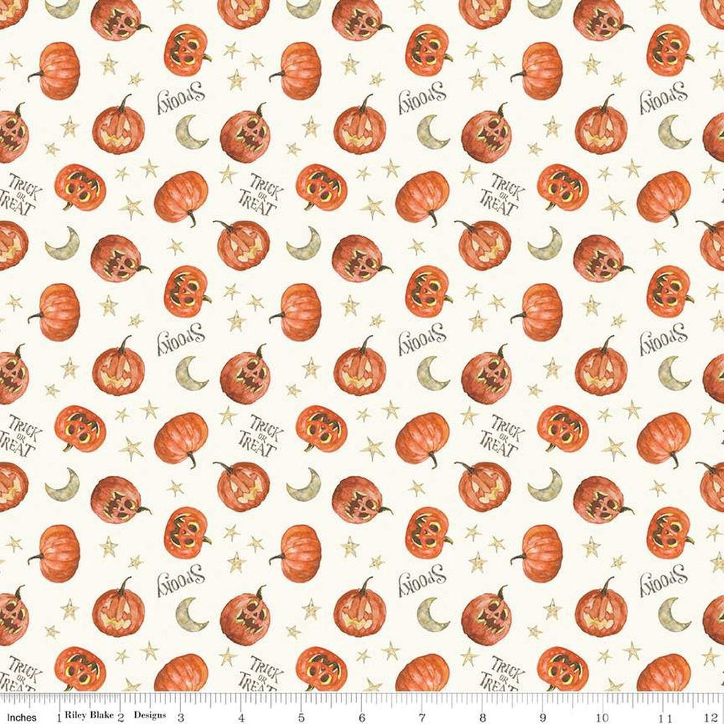Image of the Trick or Treat Pumpkin Cream quilting cotton fabric by Lisa Audit for Riley Blake Designs. Features halloween icons on a cream background. Cute Little Fabric Shop