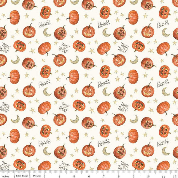 Image of the Trick or Treat Pumpkin Cream quilting cotton fabric by Lisa Audit for Riley Blake Designs. Features halloween icons on a cream background. Cute Little Fabric Shop