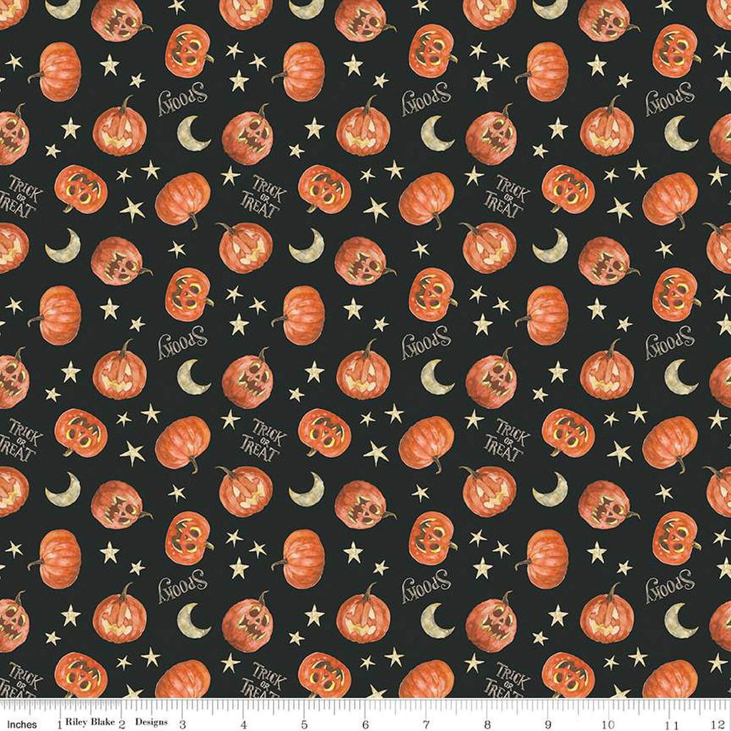 Image of the Trick or Treat Pumpkin Black quilting cotton fabric by Lisa Audit for Riley Blake Designs. Features halloween icons on a black background. Cute Little Fabric Shop