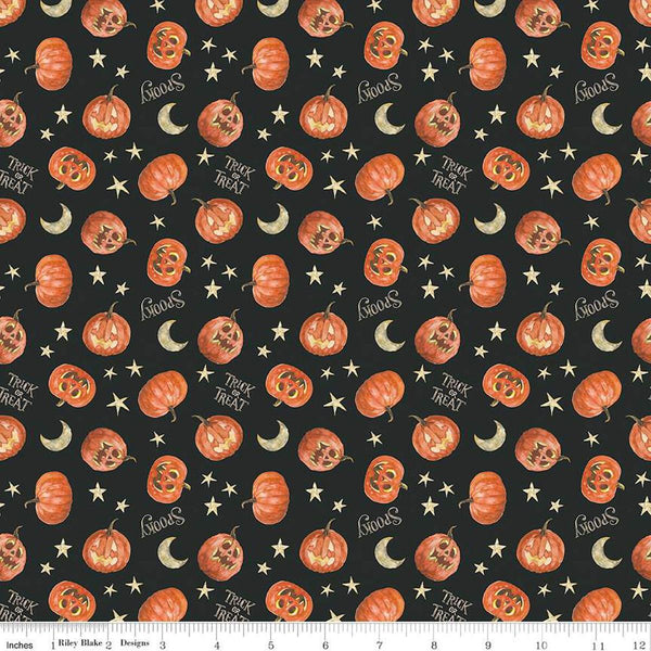 Image of the Trick or Treat Pumpkin Black quilting cotton fabric by Lisa Audit for Riley Blake Designs. Features halloween icons on a black background. Cute Little Fabric Shop