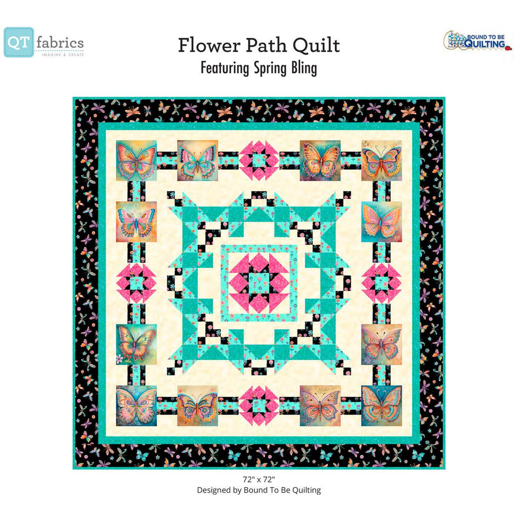 Image of the Spring Bling Flower Path quilt kit. Features a quilt kit with butterflies on it. 
Cute Little Fabric Shop