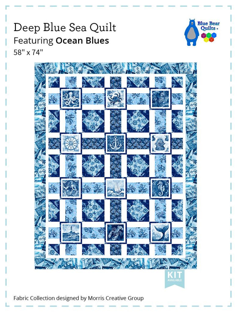 Image of the Deep Blue Sea Ocean Blues quilt pattern by QT Fabrics. Features ocean themed fabrics. Cute Little Fabric Shop