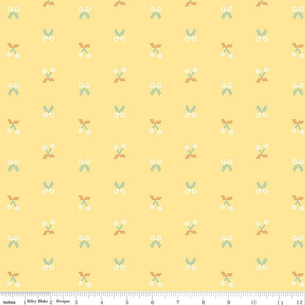 Image of the Sunsetridge Scissors Sunshine quilting cotton fabric by Minki Kim for Riley Blake Designs. Features pixels on a pink background. Cute Little Fabric Shop